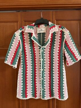 Zara Crocheted Striped Button-Up Top in Pink, Green & Red